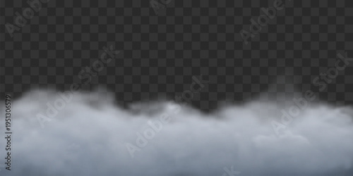Gray fog effect on transparent dark background. Smoke cloud above floor surface with soft diffusion haze.