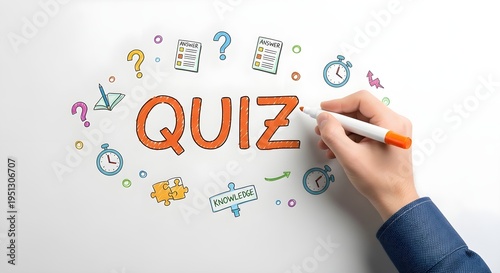 Hand writing quiz word with colorful icons on whiteboard