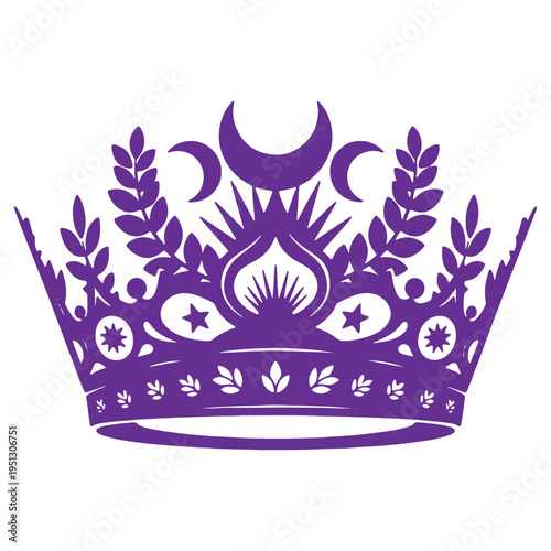 Purple crown with floral and celestial elements  moon phases and stars decoration  isolated on transparent background