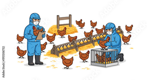Two scientists in blue hazmat suits inspect chickens in a barn setting with hay and feeders.
