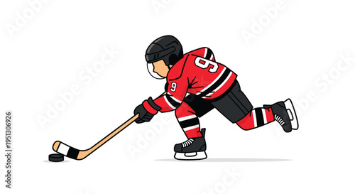 An ice hockey player in a red and black uniform with number 9 controls a puck with ice spray on a white background.