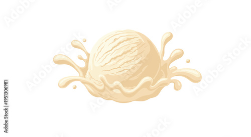 A single scoop of vanilla ice cream is surrounded by a creamy splash on a white background.