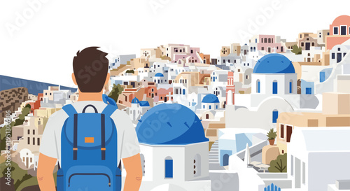 A male tourist with a blue backpack looks at a dense Greek island town with white buildings and blue domes.