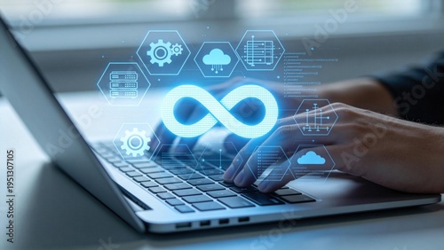 DevOps infinity symbol over laptop keyboard,software development and cloud computing automation concept representing continuous integration deployment and IT operations workflow