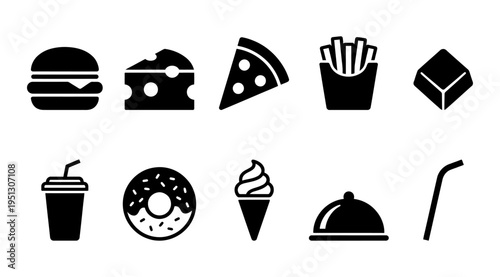 A collection of black and white icons representing various food items, including burgers, pizza, fries, and desserts, often used in restaurant menus or food delivery services.