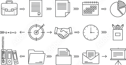 Business Workflow Outline Icons Collection with Documents, Calendar, Analytics, Target, Handshake and Office Process Elements