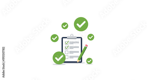 A minimalist illustration shows a clipboard with a checklist and a green pencil surrounded by floating checkmarks on a white background.