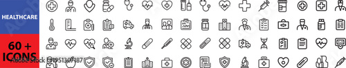 Healthcare set of web icons in line style. Medicine and Health Care linear icon collection. Containing emergency, doctor, treatment, medical, report, diagnosis, health, prevention. Outline icon