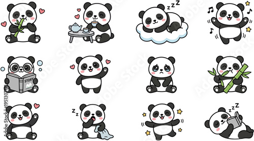 A collection of cute cat cartoon stickers in kawaii style featuring various poses, emotions, and daily activities. Colorful and adorable vector illustration perfect for kids content, social media