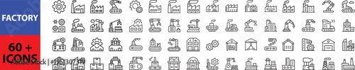 Factory and manufacturing Web Icon Set in Linear Style. Collection of manufacturing line icons, including automation, plants, industrial, production, machine, warehouse and more. Outline icon 