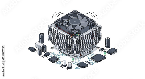 An isometric illustration displays a large CPU cooler with a vibrating fan surrounded by electronic components on a circuit board pattern.