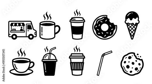 a collection of black and white icons featuring food and drink items, including coffee, donuts, ice cream, and a food truck, on a white background
