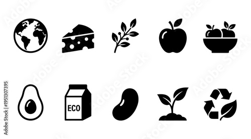 a collection of black icons representing eco friendly practices and healthy eating on a white background for marketing and educational materials