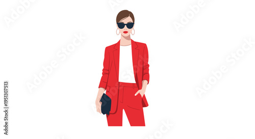 An illustration of a stylish woman wearing a vibrant red pantsuit and sunglasses holds a black clutch bag on a white background.
