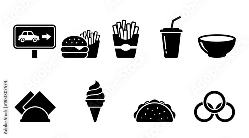 a collection of black and white fast food icons including burgers, fries, ice cream, and drinks on a clean white background, ideal for use in menus, advertisements, or educational materials