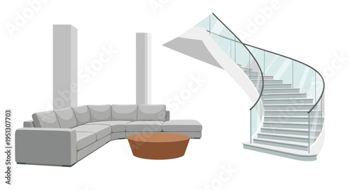 A grey sectional sofa and a round coffee table are arranged near a modern spiral staircase with glass railings in a minimalist interior.
