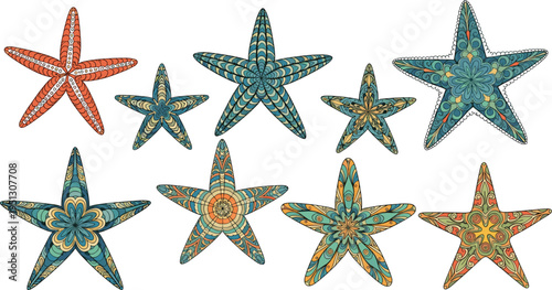 Decorative Starfish Illustration Set with Intricate Patterns, Colorful Ocean Inspired Sea Stars Collection for Marine Design, Summer Themes and Coastal Decor