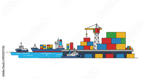 A busy cargo port with ships, tugboats, and a crane loading colorful shipping containers onto a dock is depicted in a line art illustration.