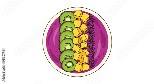 A purple smoothie bowl is elegantly garnished with sliced kiwi, diced mango, and black seeds, presented in a white bowl from above.