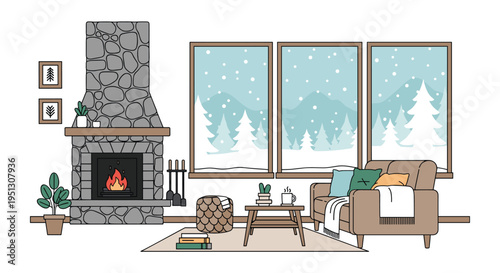 A spacious living room with a large stone fireplace, a cozy armchair, and multiple windows overlooks a picturesque snowy forest.