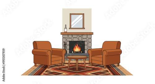Two brown armchairs flank a rustic stone fireplace with a warm fire, centered on a patterned rug in an inviting living room.