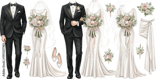 Elegant Wedding Couple Outfit Set with Bride Dress, Groom Suit, Floral Bouquet, Bridal Accessories Collection for Romantic Ceremony and Fashion Design