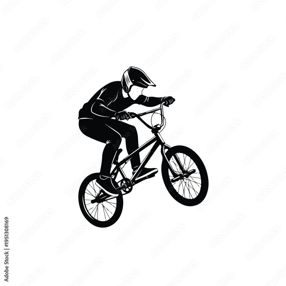 Naklejka premium A silhouette of a bmx rider performing a trick on a bike with a helmet and protective gear against a white background