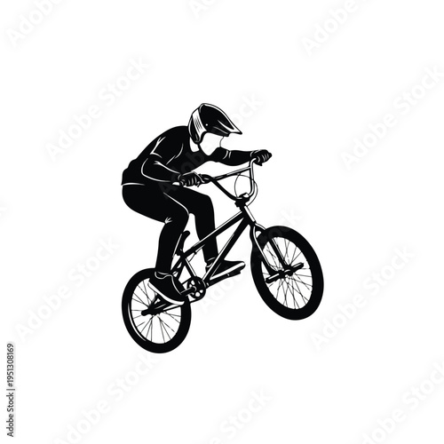 A silhouette of a bmx rider performing a trick on a bike with a helmet and protective gear against a white background
