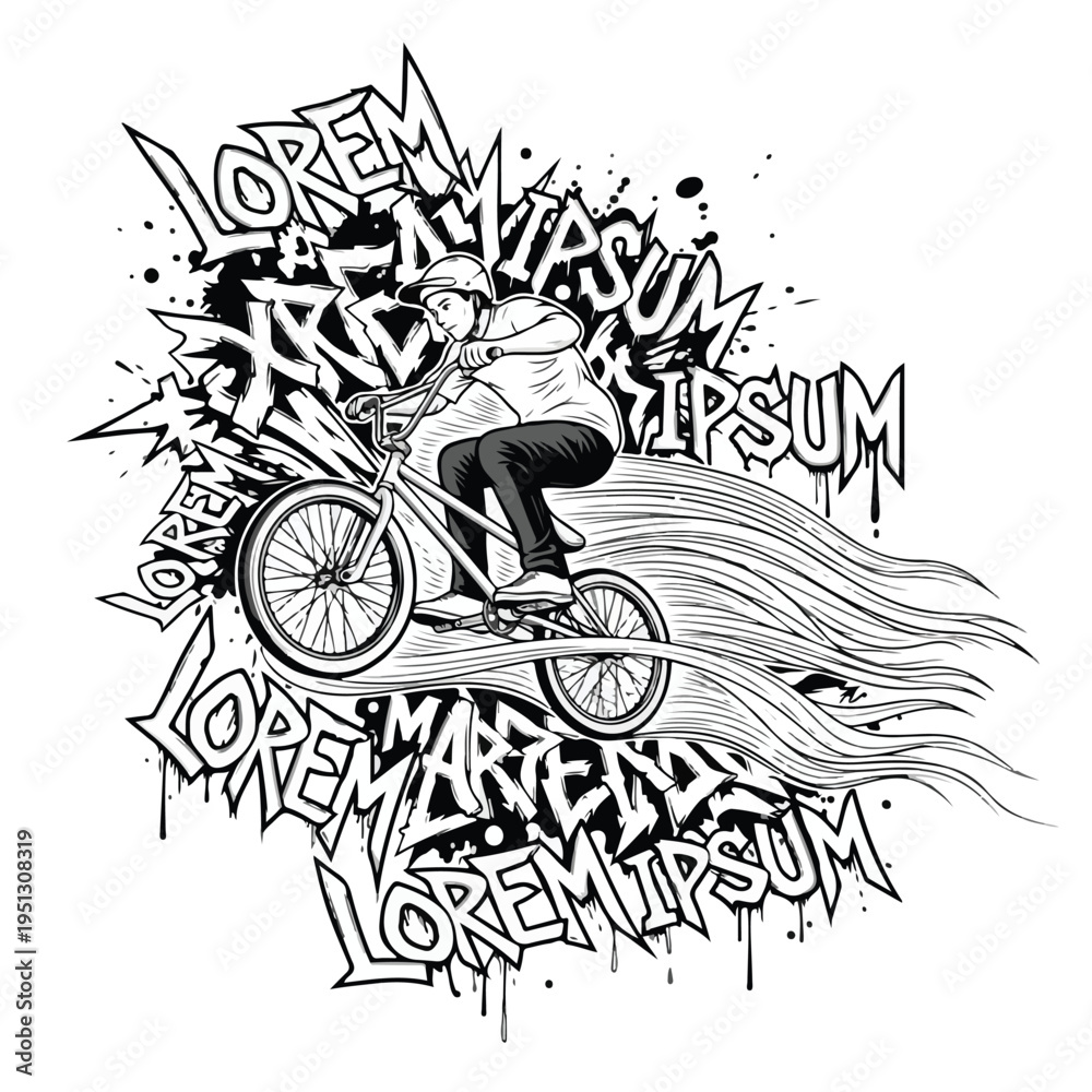 Obraz premium A young man wearing a bmx tshirt riding a bicycle with dynamic motion graphics and graffiti in the background
