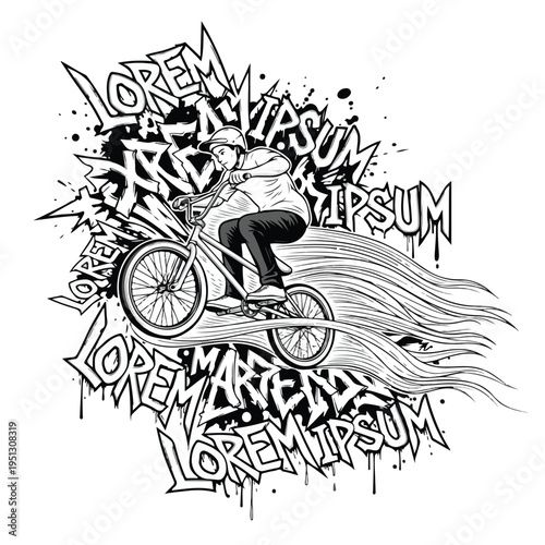 A young man wearing a bmx tshirt riding a bicycle with dynamic motion graphics and graffiti in the background