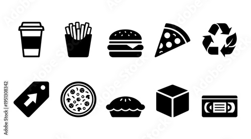 A collection of black and white icons representing fast food items and eco-friendly symbols, suitable for use in advertising, marketing materials, or educational resources.