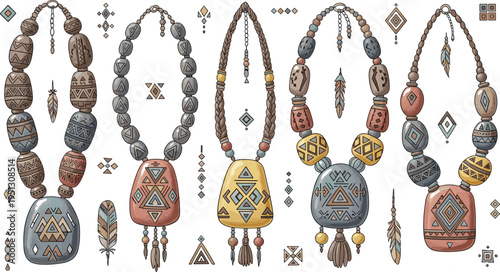 Ethnic Tribal Necklace Collection with Geometric Pendants, Bohemian Jewelry Set, Ornamental Accessories with Vintage Patterns for Fashion Design Illustration