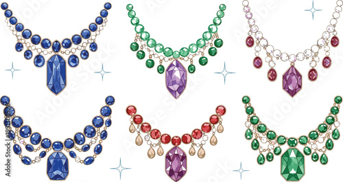 Luxury Gemstone Necklace Collection with Sparkling Crystal Pendants, Elegant Jewelry Set in Multiple Colors, Premium Fashion Accessories for Glamorous Design Illustration