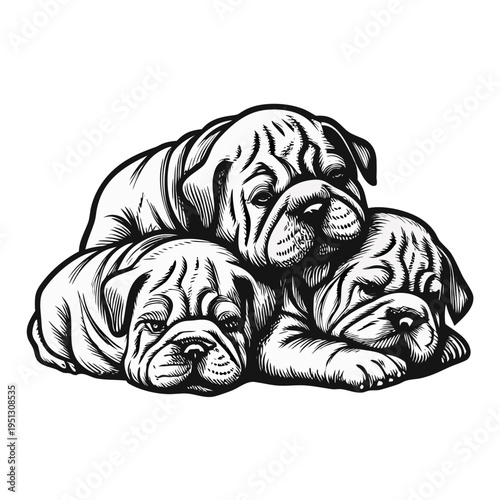 Three adorable bulldog puppies create a cozy puppy-pile. Black and white illustration features sleepy, wrinkled puppies nestled together. This charming puppy-pile represents pet companionship.