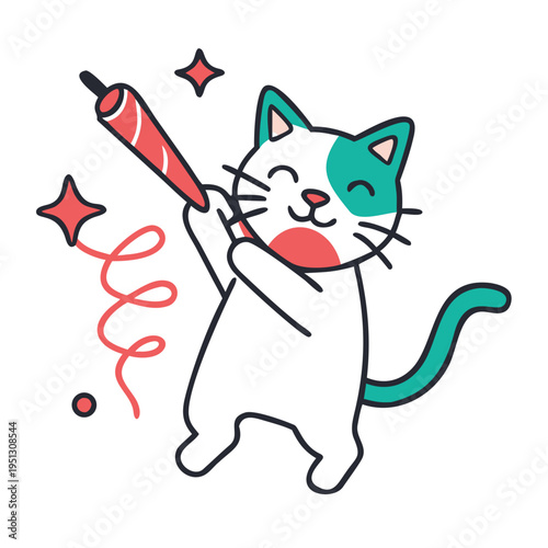 Smiling cat playing with party streamer, holding red popper with curling ribbon. Playful feline celebrates joyous occasion, cat playing with party streamer brings cheer.