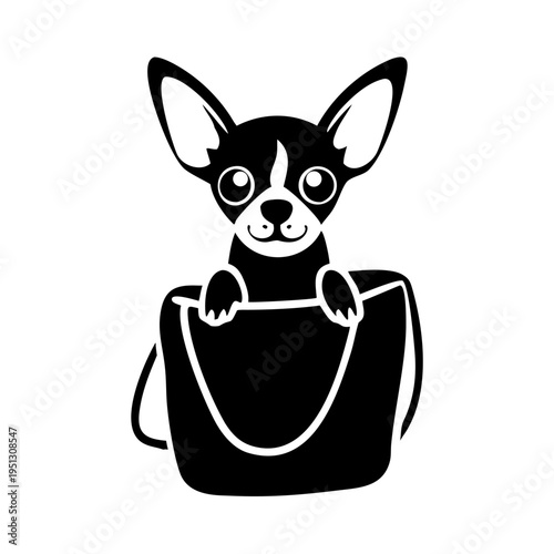 Stylized chihuahua in bag, cute small dog peeking from inside tote bag, depicting adorable chihuahua in bag. Charming illustration for pet shop branding, animal lover projects.
