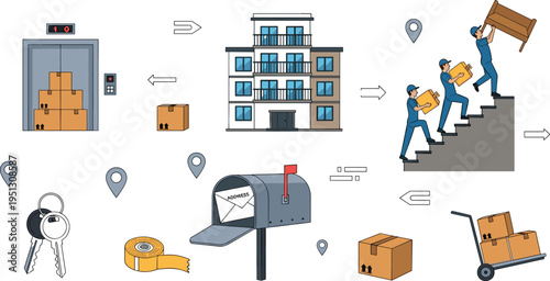 Moving and Relocation Icons Collection with Boxes, Elevator, Apartment Building, Workers Carrying Furniture, Mailbox, Keys and Delivery Cart Elements