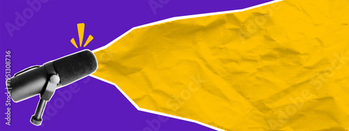 Halftone background microphone with collage sticker conversation and podcast music radio. Talk sound element with art show studio and pop voice trendy. Media mic halftone with audio cover collage.