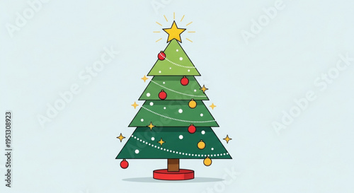 Decorated christmas tree with ornaments and star on top against light blue background for holiday greeting cards and festive celebrations
