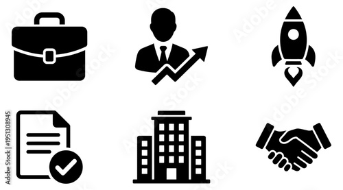 A set of business icons featuring a briefcase, a person with a growth chart, a rocket, a document with a checkmark, a building, and a handshake, symbolizing business growth, success, and partnership.