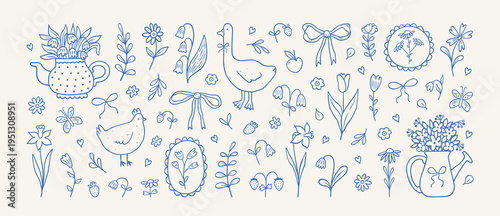 Coquette spring illustrations and cottage aesthetics elements. Cute hand drawn garden and field flowers, bow, goose, chicken, strawberry, watering can. Spring summer floral icon. Vector illustration.