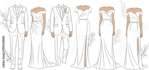 Minimalist Wedding Outfit Collection with Bride Dresses and Groom Suits, Elegant Bridal Gown Variations, Formal Fashion Set for Ceremony Design Illustration