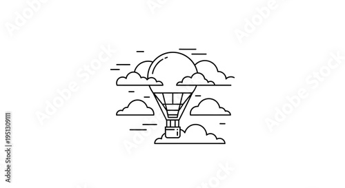 Black and white illustration of hot air balloon floating among clouds