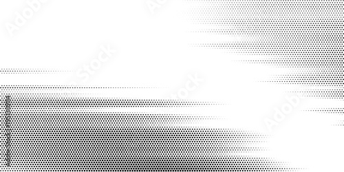 Hexagon halftone gradient texture. Abstract black grunge background. Geometric retro halftone tech wallpaper. Fading wavy hexagonal pattern backdrop. Vector vanishing honeycomb grunge bitmap overlay