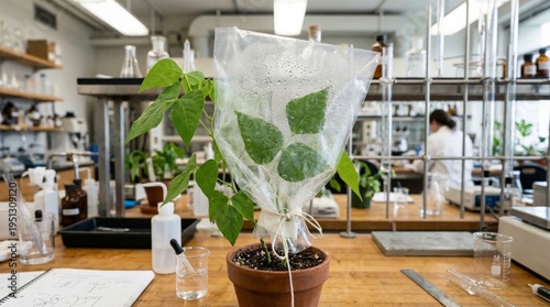 Laboratory experiment demonstrating plant transpiration processes under controlled conditions, showcasing a potted plant covered in plastic