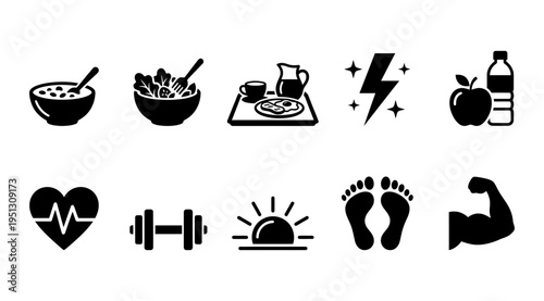 a collection of black icons representing a healthy lifestyle and fitness, including food, exercise, and wellness symbols, suitable for use in marketing, advertising, and educational materials