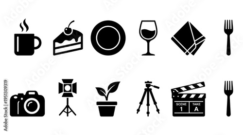 a collection of black icons representing food, drink, film, and photography on a clean white background, ideal for use in design, advertising, and marketing materials