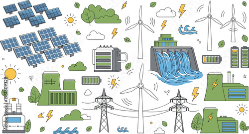 Renewable Energy and Power Generation Icons Collection with Solar Panels, Wind Turbines, Hydroelectric Dam, Battery Storage and Sustainable Eco Energy Systems