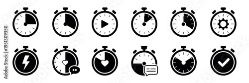 Timer icons stopwatch clock watch pictograms vector chronometer hour minute second symbols countdown interval alarm set illustration isolated background