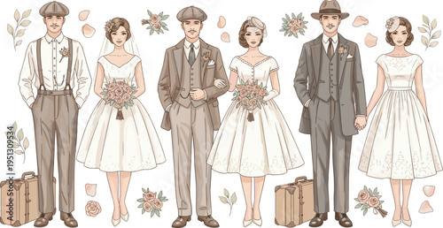 Vintage Wedding Couple Illustration Set with Retro Bride and Groom Outfits, Classic Bridal Dress, Suit Styles, Floral Elements and Old Fashion Ceremony Collection